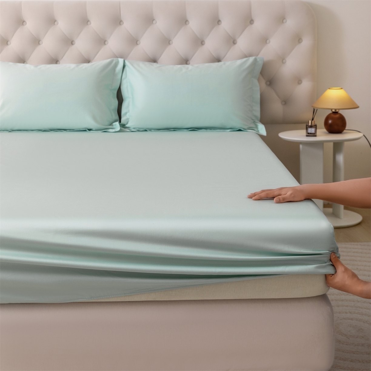 宝时兰 2026新款全棉100S长绒棉床笠单件纯色纯棉贡缎 水绿