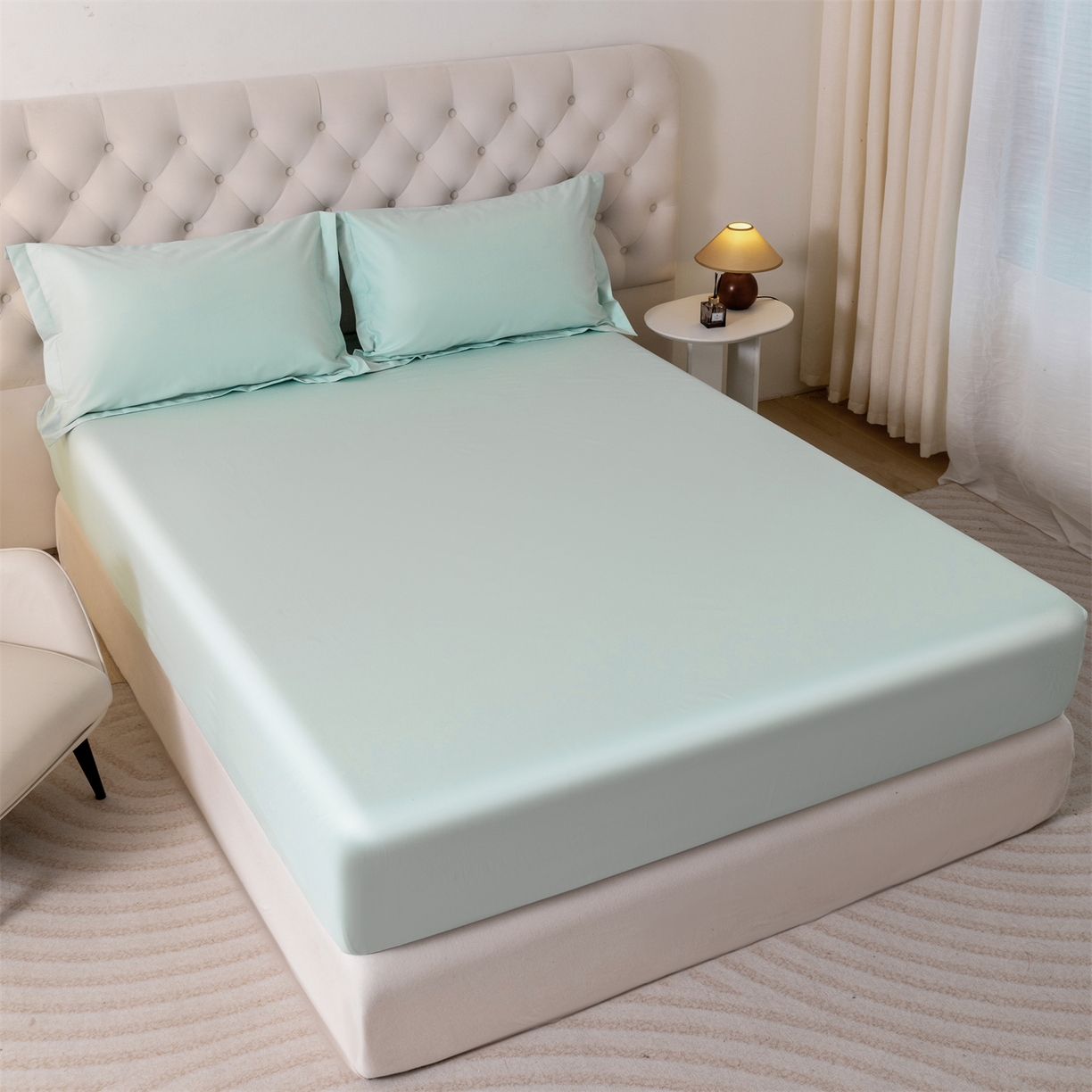 91家纺网 家纺一手货源 找家纺 宝时兰 2026新款全棉100S长绒棉床笠单件纯色纯棉贡缎 水绿