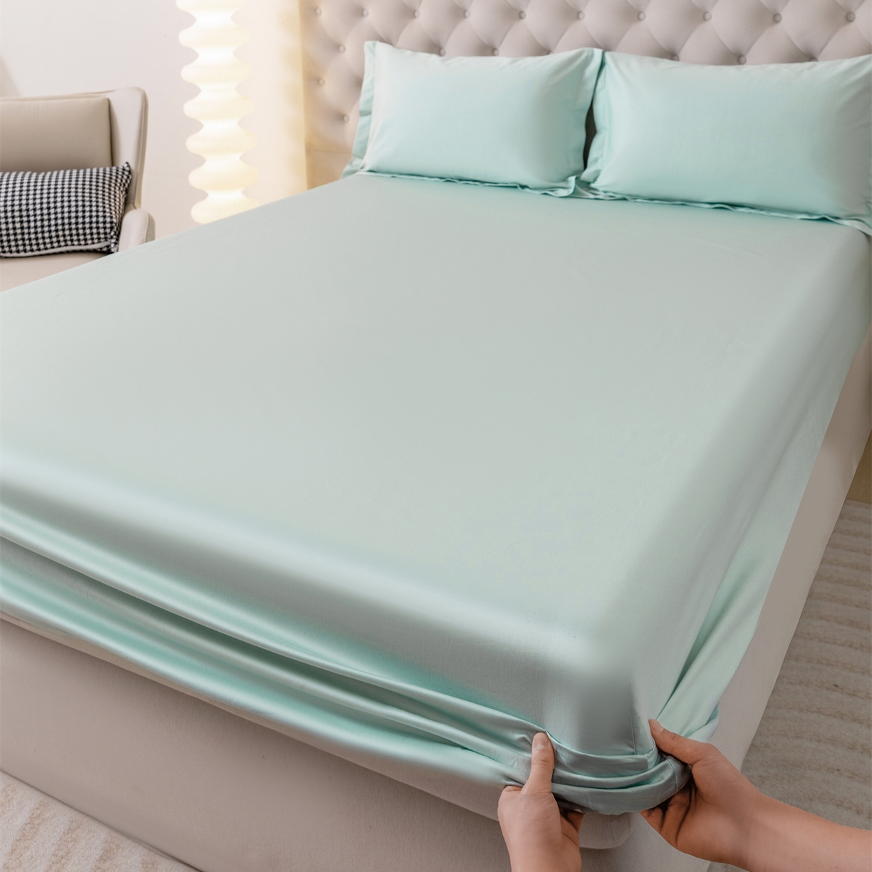 91家纺网 家纺一手货源 找家纺 宝时兰 2026新款全棉100S长绒棉床笠单件纯色纯棉贡缎 水绿