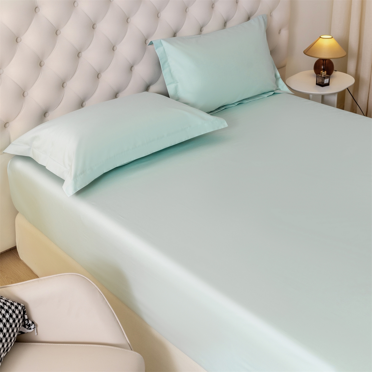 91家纺网 家纺一手货源 找家纺 宝时兰 2026新款全棉100S长绒棉床笠单件纯色纯棉贡缎 水绿