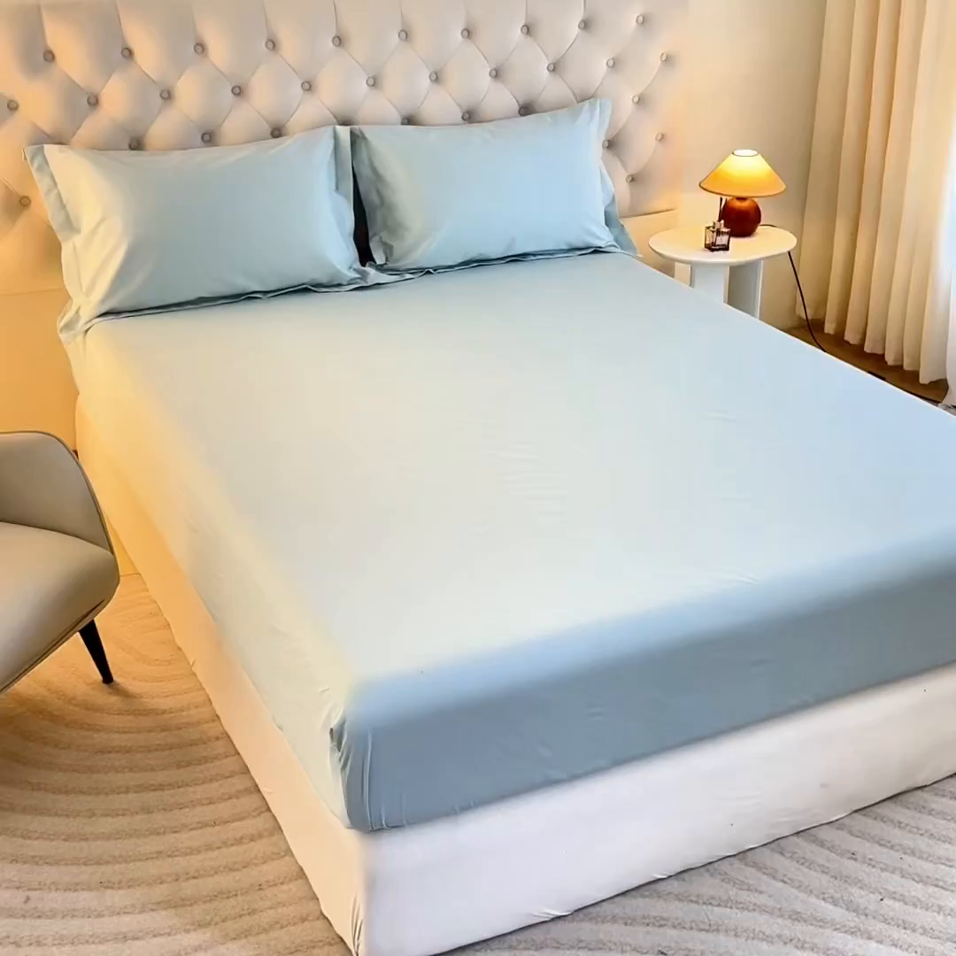 91家纺网 家纺一手货源 找家纺 宝时兰 2026新款全棉100S长绒棉床笠单件纯色纯棉贡缎 水绿