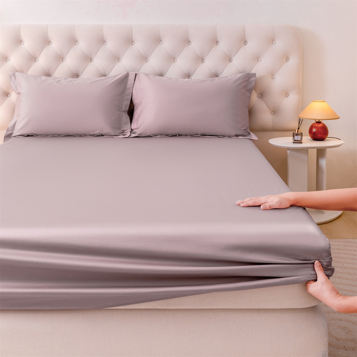宝时兰 2026新款全棉100S长绒棉床笠单件纯色纯棉贡缎 烟紫