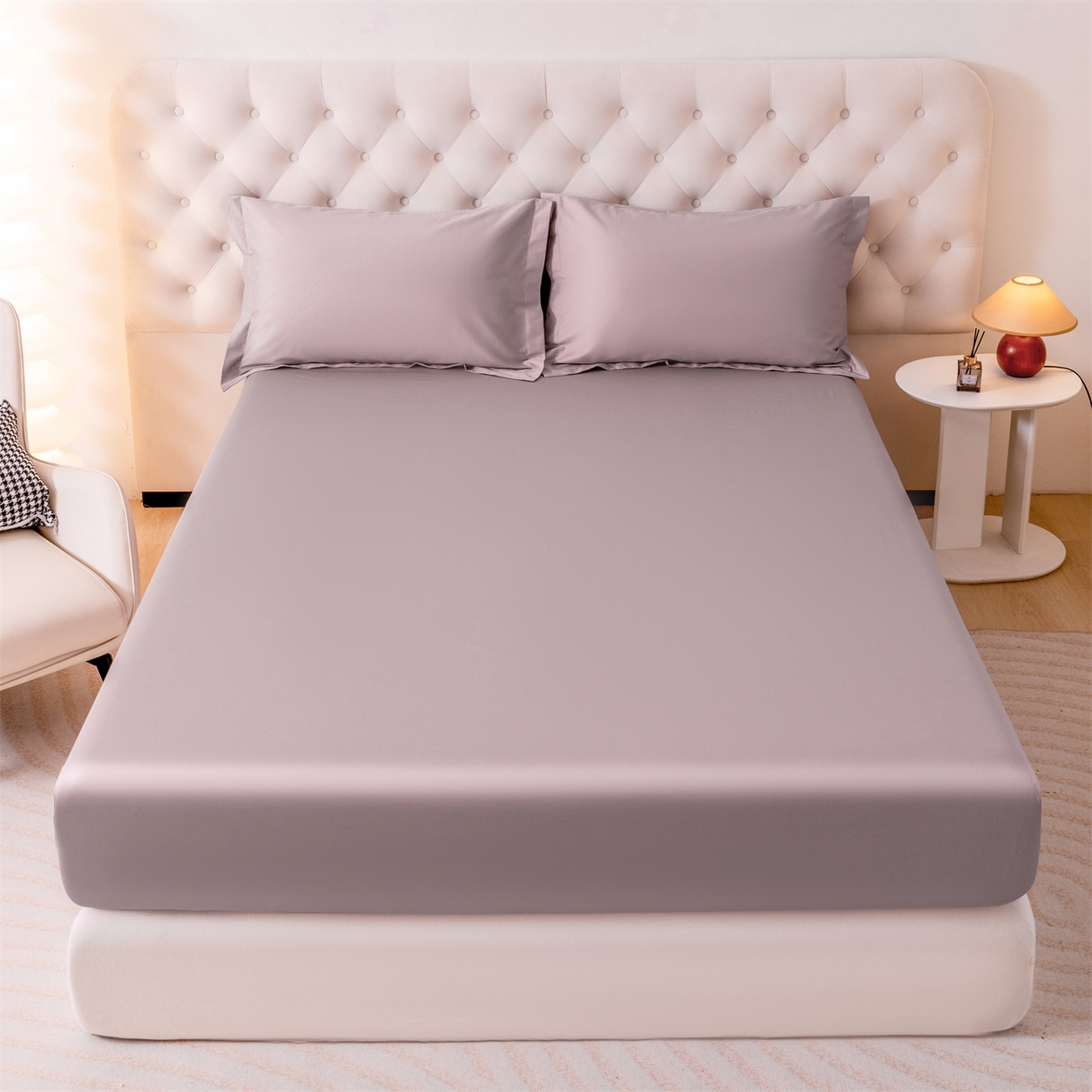 91家纺网 家纺一手货源 找家纺 宝时兰 2026新款全棉100S长绒棉床笠单件纯色纯棉贡缎 烟紫