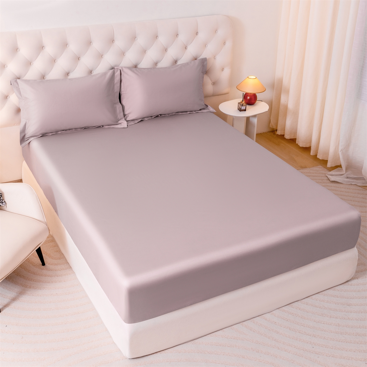 91家纺网 家纺一手货源 找家纺 宝时兰 2026新款全棉100S长绒棉床笠单件纯色纯棉贡缎 烟紫