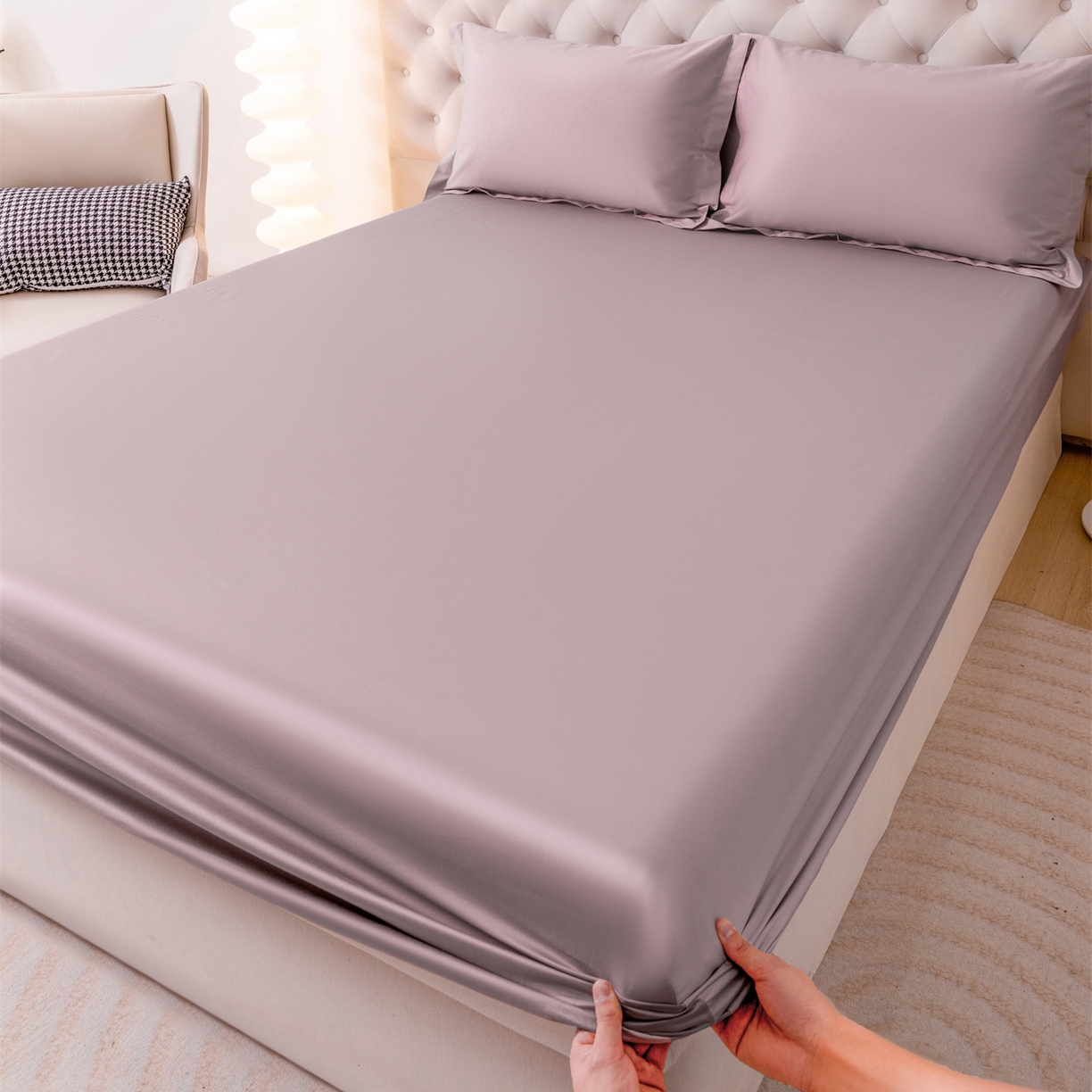 91家纺网 家纺一手货源 找家纺 宝时兰 2026新款全棉100S长绒棉床笠单件纯色纯棉贡缎 烟紫