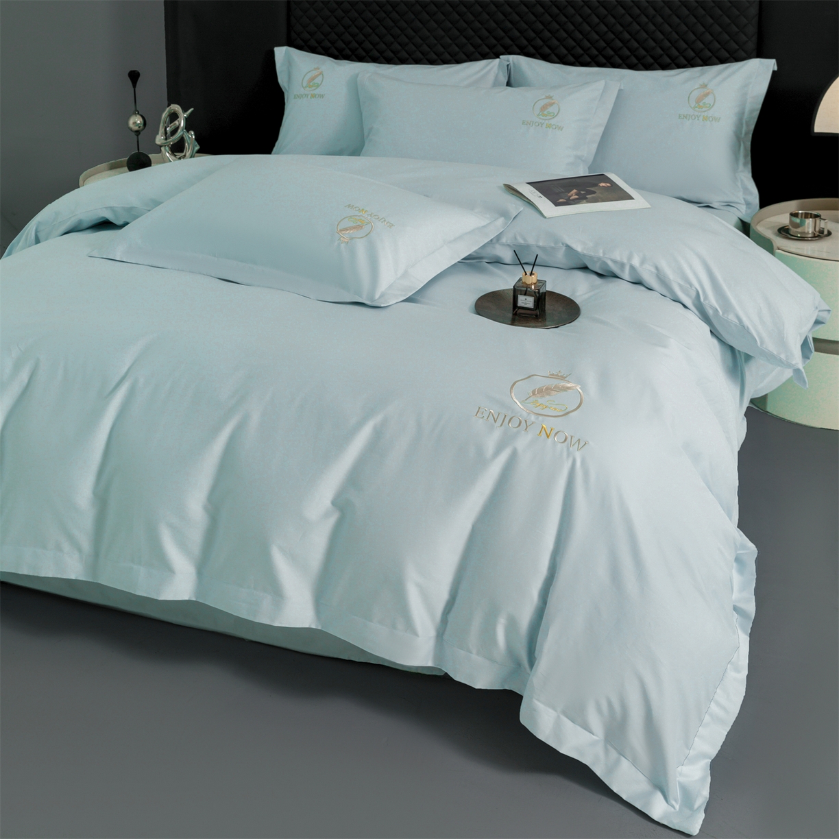 91家纺网 家纺一手货源 找家纺 宝时兰 2026新款100支全棉50x50s长绒棉刺绣绣花纯棉贡缎四件套高档礼盒 清序-湖绿