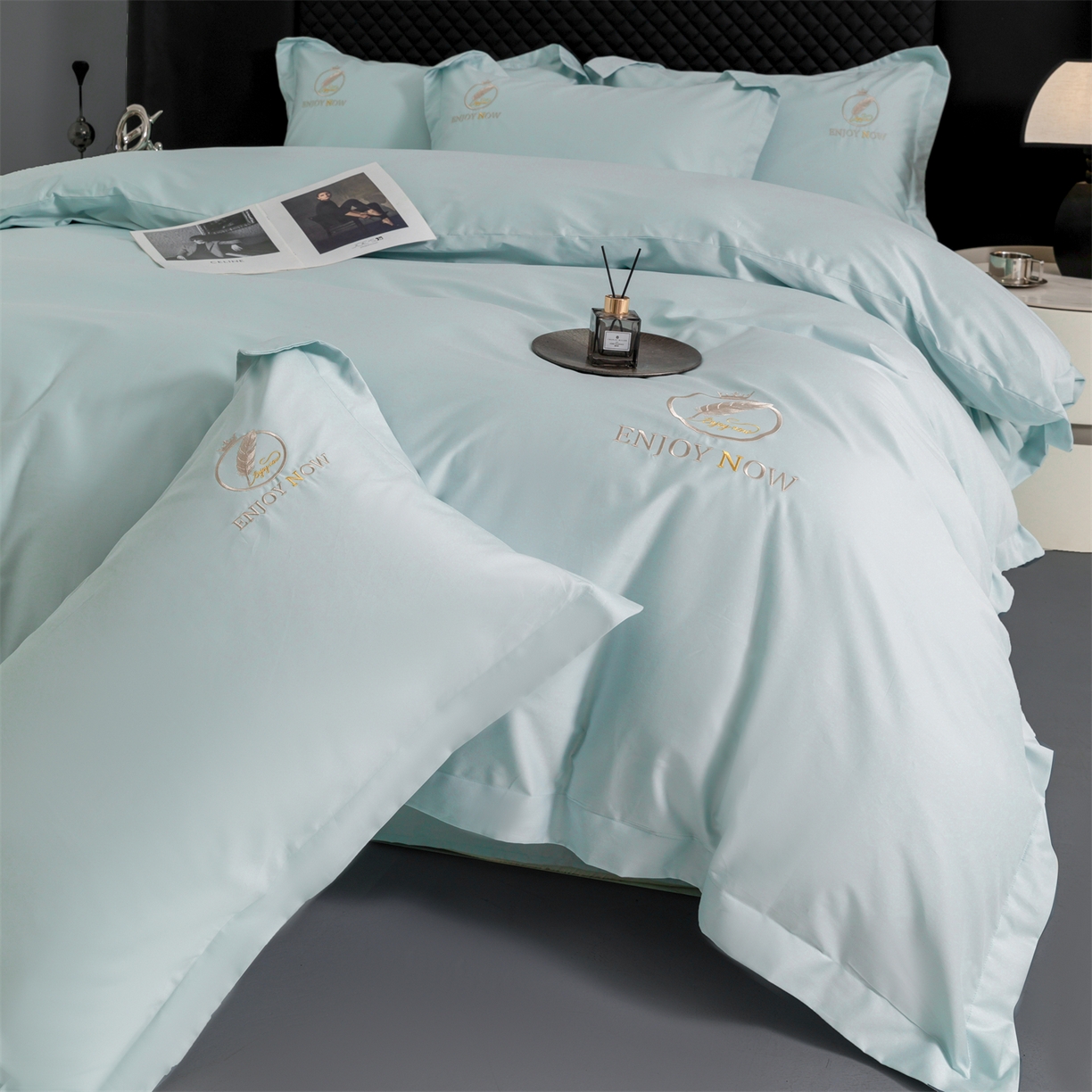 91家纺网 家纺一手货源 找家纺 宝时兰 2026新款100支全棉50x50s长绒棉刺绣绣花纯棉贡缎四件套高档礼盒 清序-湖绿