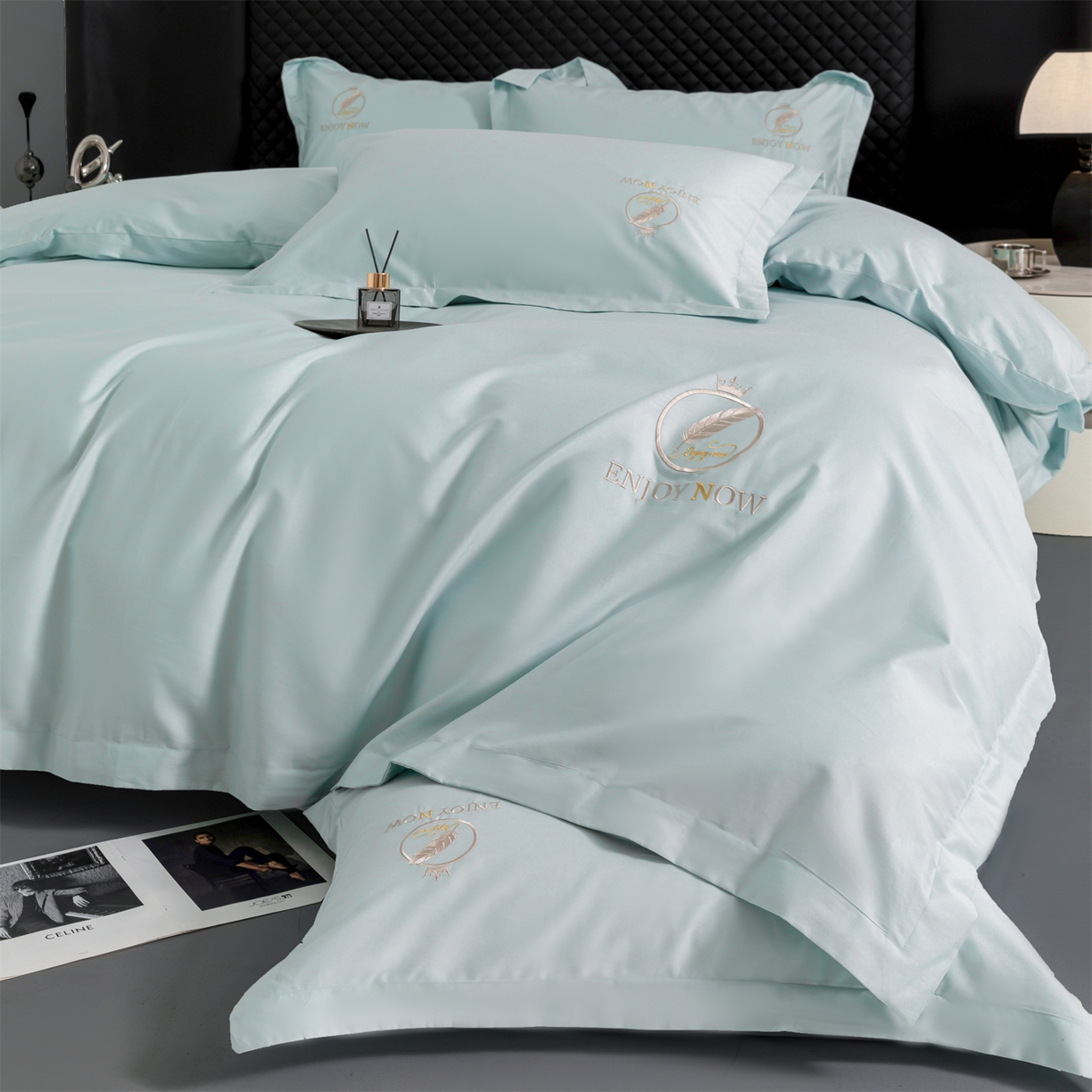 91家纺网 家纺一手货源 找家纺 宝时兰 2026新款100支全棉50x50s长绒棉刺绣绣花纯棉贡缎四件套高档礼盒 清序-湖绿