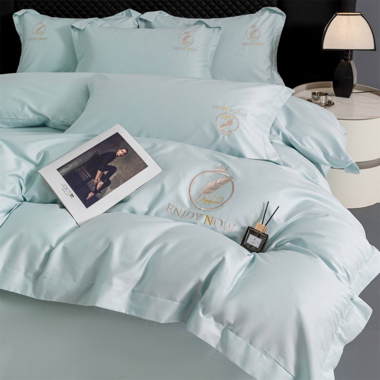 宝时兰 2026新款100支全棉50x50s长绒棉刺绣绣花纯棉贡缎四件套高档礼盒 清序-湖绿