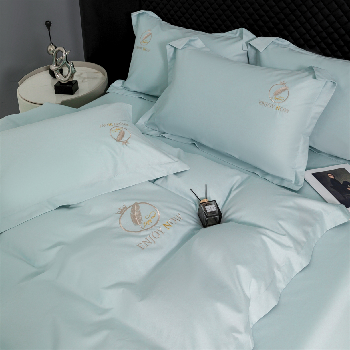 91家纺网 家纺一手货源 找家纺 宝时兰 2026新款100支全棉50x50s长绒棉刺绣绣花纯棉贡缎四件套高档礼盒 清序-湖绿