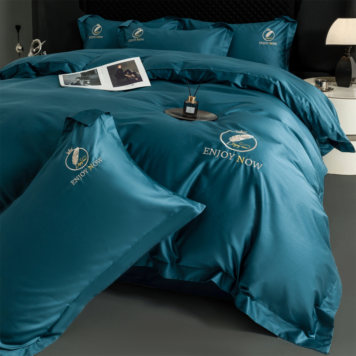 91家纺网 家纺一手货源 找家纺 宝时兰 2026新款100支全棉50x50s长绒棉刺绣绣花纯棉贡缎四件套高档礼盒 清序-孔雀蓝