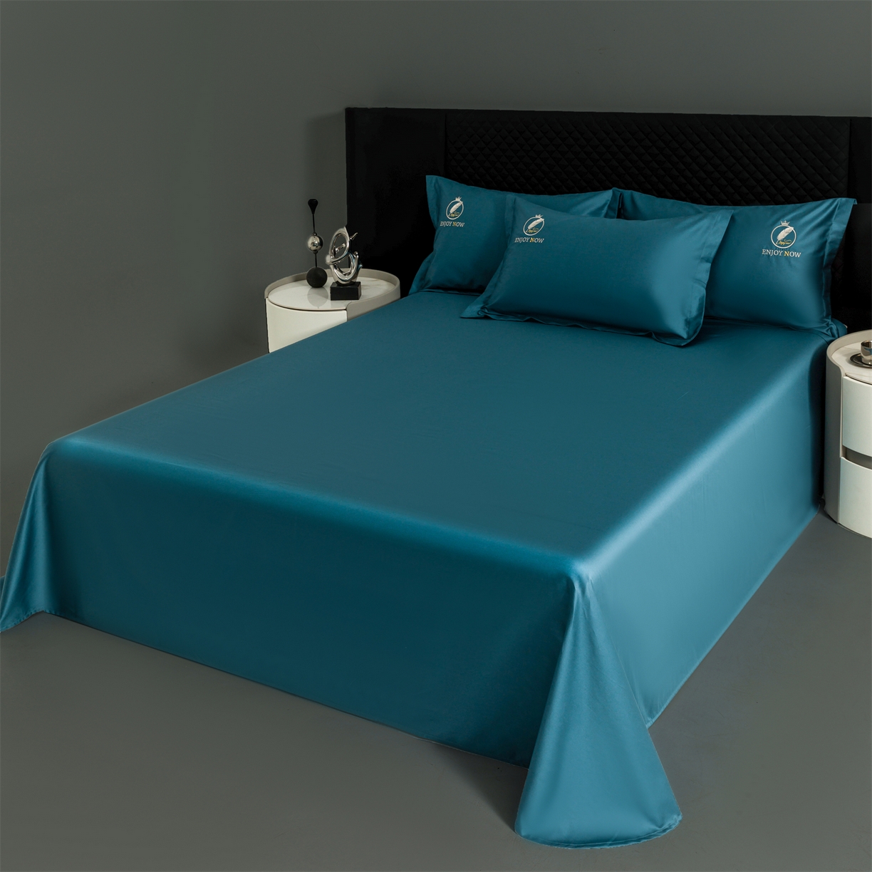 91家纺网 家纺一手货源 找家纺 宝时兰 2026新款100支全棉50x50s长绒棉刺绣绣花纯棉贡缎四件套高档礼盒 清序-孔雀蓝