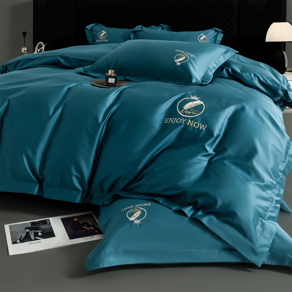 91家纺网 家纺一手货源 找家纺 宝时兰 2026新款100支全棉50x50s长绒棉刺绣绣花纯棉贡缎四件套高档礼盒 清序-孔雀蓝