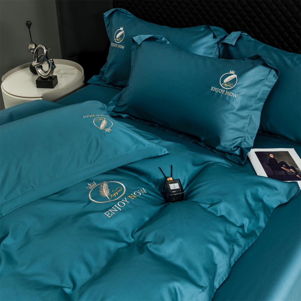 91家纺网 家纺一手货源 找家纺 宝时兰 2026新款100支全棉50x50s长绒棉刺绣绣花纯棉贡缎四件套高档礼盒 清序-孔雀蓝