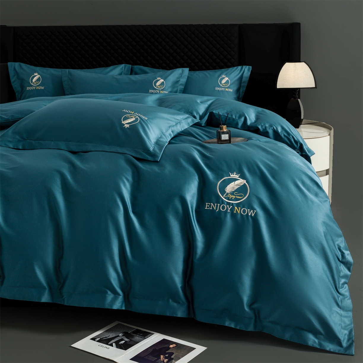 91家纺网 家纺一手货源 找家纺 宝时兰 2026新款100支全棉50x50s长绒棉刺绣绣花纯棉贡缎四件套高档礼盒 清序-孔雀蓝