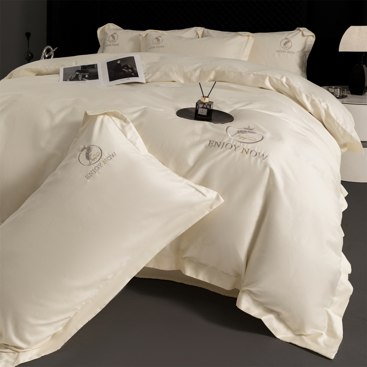 91家纺网 家纺一手货源 找家纺 宝时兰 2026新款100支全棉50x50s长绒棉刺绣绣花纯棉贡缎四件套高档礼盒 清序-米白