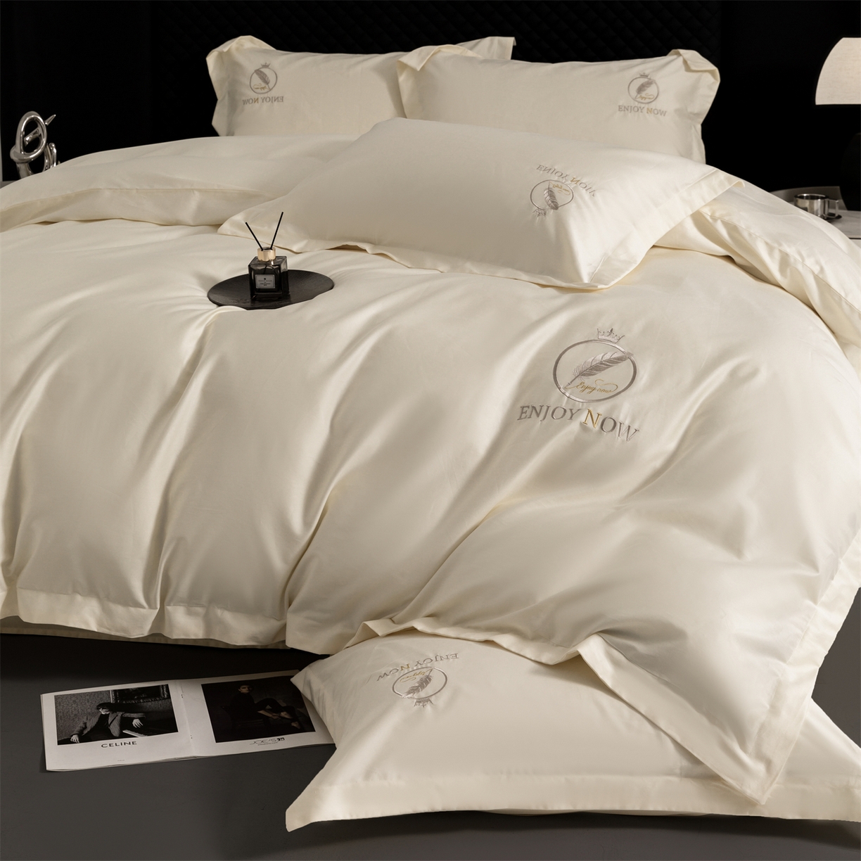 91家纺网 家纺一手货源 找家纺 宝时兰 2026新款100支全棉50x50s长绒棉刺绣绣花纯棉贡缎四件套高档礼盒 清序-米白