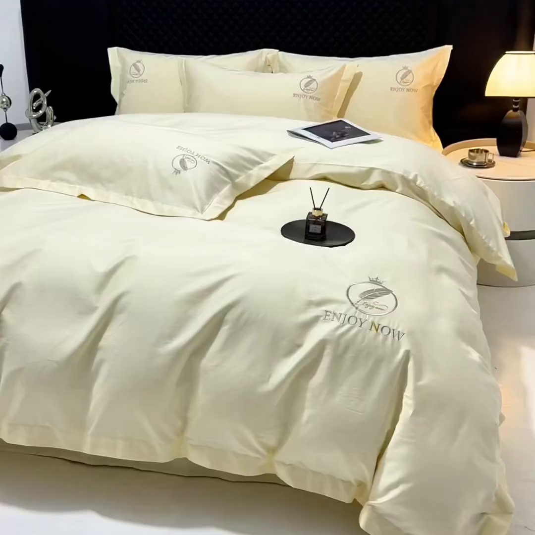 91家纺网 家纺一手货源 找家纺 宝时兰 2026新款100支全棉50x50s长绒棉刺绣绣花纯棉贡缎四件套高档礼盒 清序-米白