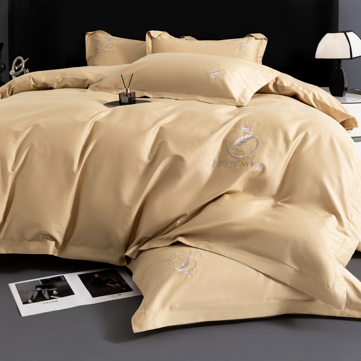 91家纺网 家纺一手货源 找家纺 宝时兰 2026新款100支全棉50x50s长绒棉刺绣绣花纯棉贡缎四件套高档礼盒 清序-香槟金