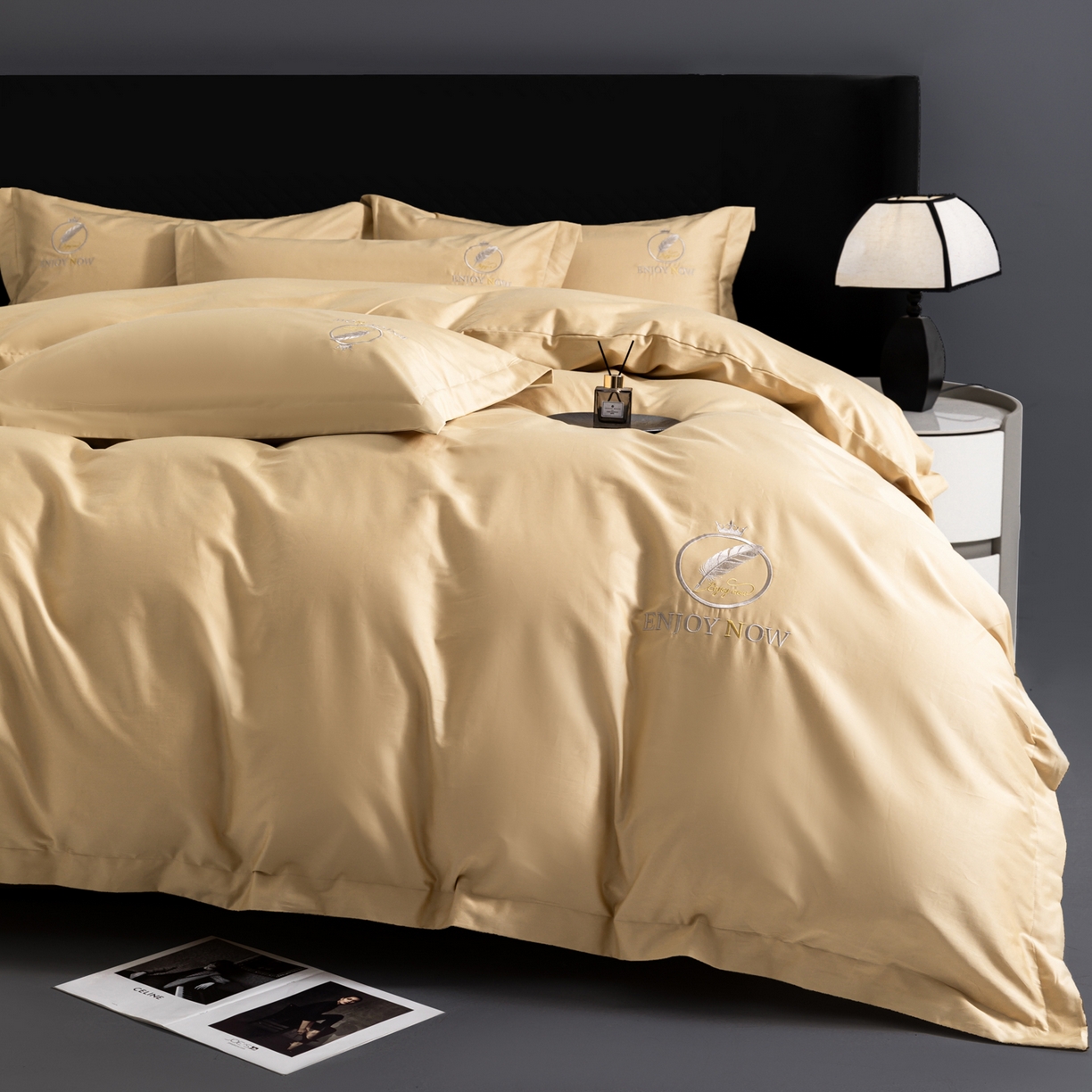 91家纺网 家纺一手货源 找家纺 宝时兰 2026新款100支全棉50x50s长绒棉刺绣绣花纯棉贡缎四件套高档礼盒 清序-香槟金