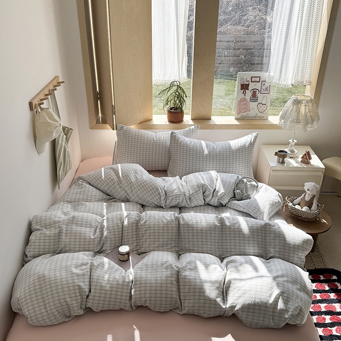 91家纺网 家纺一手货源 找家纺 （总）爱思佳 2026新款全棉双层纱混搭格子系列四件套