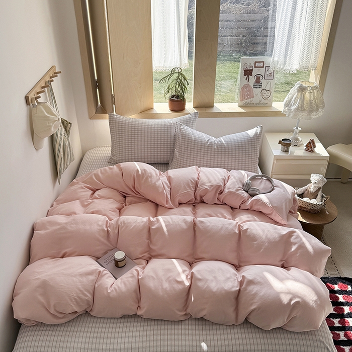 爱思佳 2026新款全棉双层纱混搭格子系列四件套 粉-追光