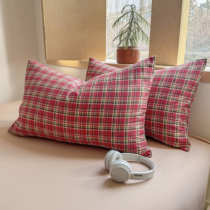 91家纺网 家纺一手货源 找家纺 爱思佳 2026新款全棉双层纱混搭格子系列四件套 赫本红