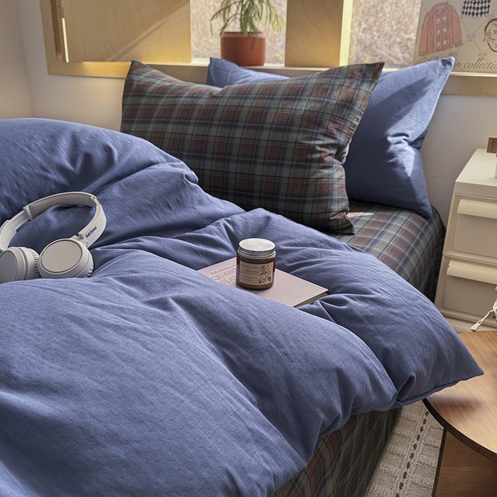 91家纺网 家纺一手货源 找家纺 爱思佳 2026新款全棉双层纱混搭格子系列四件套 蓝-慕斯