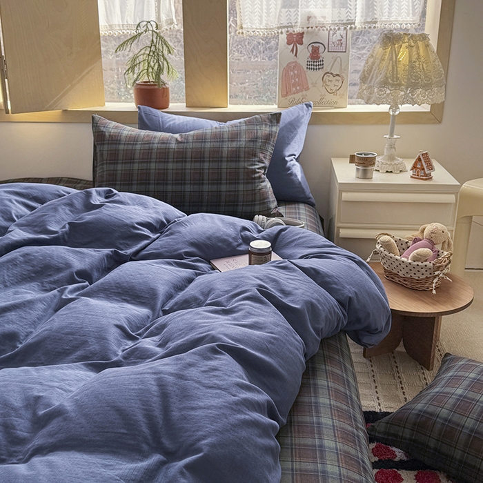 91家纺网 家纺一手货源 找家纺 爱思佳 2026新款全棉双层纱混搭格子系列四件套 蓝-慕斯