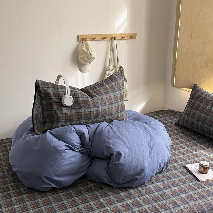 91家纺网 家纺一手货源 找家纺 爱思佳 2026新款全棉双层纱混搭格子系列四件套 蓝-慕斯