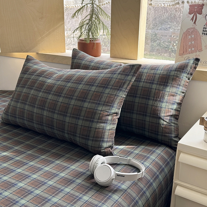 91家纺网 家纺一手货源 找家纺 爱思佳 2026新款全棉双层纱混搭格子系列四件套 蓝-慕斯