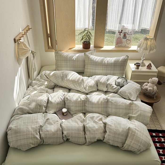 爱思佳 2026新款全棉双层纱混搭格子系列四件套 绿-青柠