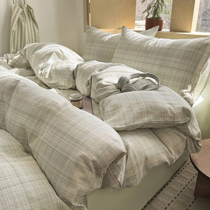 91家纺网 家纺一手货源 找家纺 爱思佳 2026新款全棉双层纱混搭格子系列四件套 绿-青柠