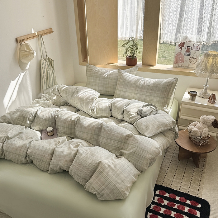 91家纺网 家纺一手货源 找家纺 爱思佳 2026新款全棉双层纱混搭格子系列四件套 绿-青柠