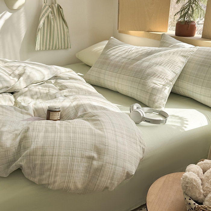 91家纺网 家纺一手货源 找家纺 爱思佳 2026新款全棉双层纱混搭格子系列四件套 绿-青柠