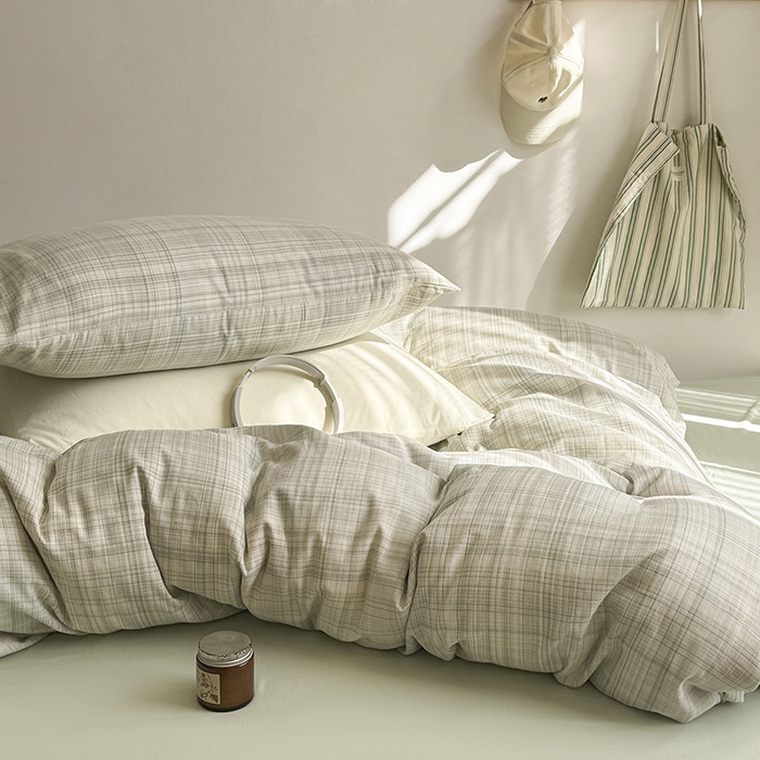 91家纺网 家纺一手货源 找家纺 爱思佳 2026新款全棉双层纱混搭格子系列四件套 绿-青柠