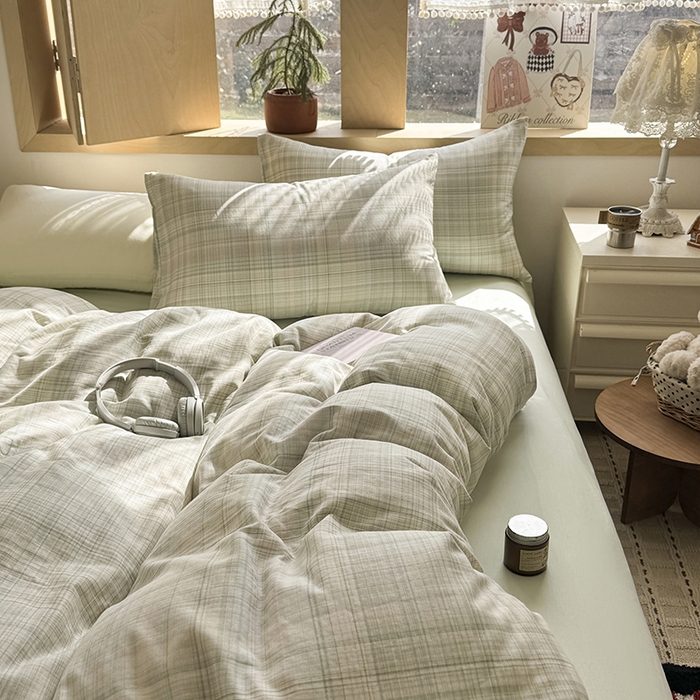 91家纺网 家纺一手货源 找家纺 爱思佳 2026新款全棉双层纱混搭格子系列四件套 绿-青柠