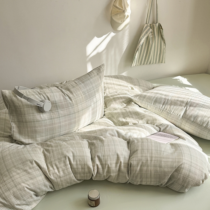 91家纺网 家纺一手货源 找家纺 爱思佳 2026新款全棉双层纱混搭格子系列四件套 绿-青柠