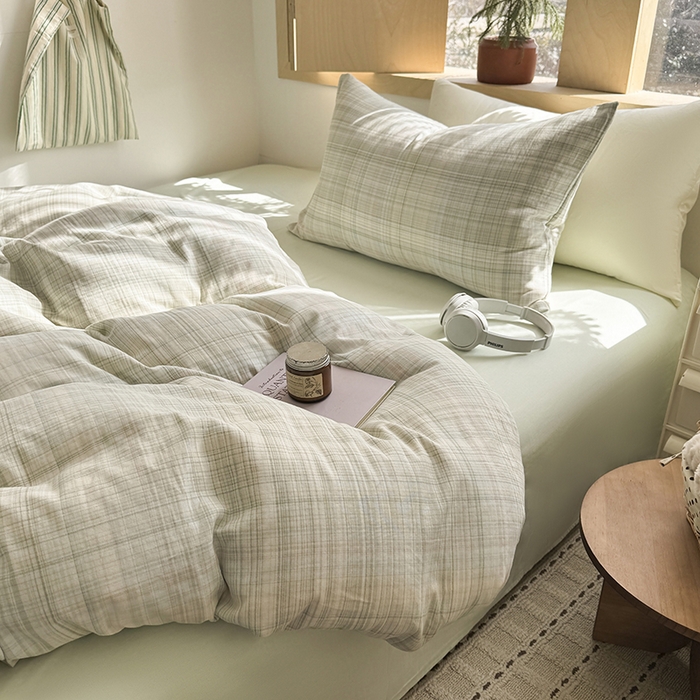 91家纺网 家纺一手货源 找家纺 爱思佳 2026新款全棉双层纱混搭格子系列四件套 绿-青柠