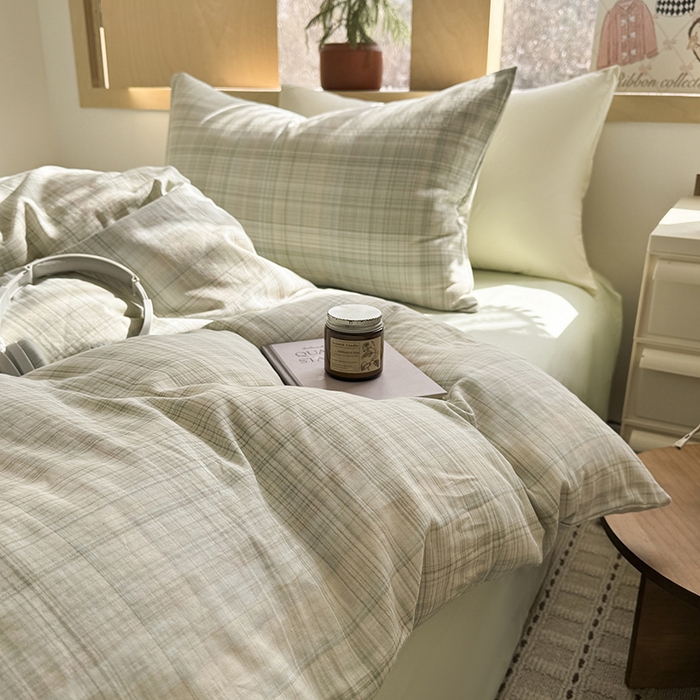 91家纺网 家纺一手货源 找家纺 爱思佳 2026新款全棉双层纱混搭格子系列四件套 绿-青柠