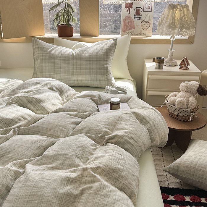 91家纺网 家纺一手货源 找家纺 爱思佳 2026新款全棉双层纱混搭格子系列四件套 绿-青柠