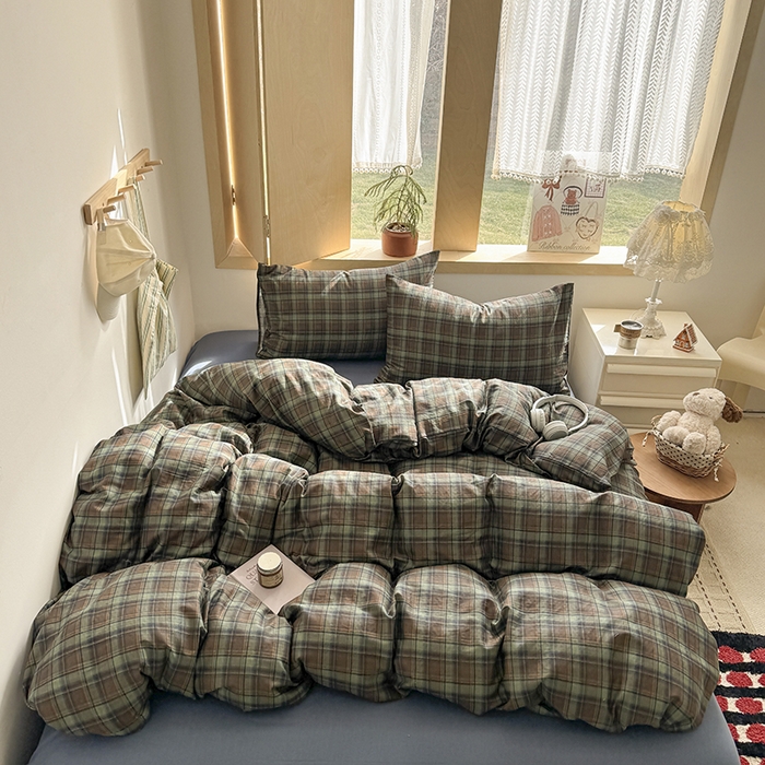 爱思佳 2026新款全棉双层纱混搭格子系列四件套 慕斯-蓝