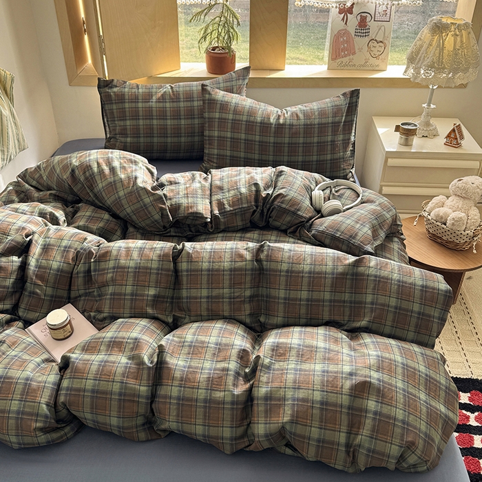 91家纺网 家纺一手货源 找家纺 爱思佳 2026新款全棉双层纱混搭格子系列四件套 慕斯-蓝