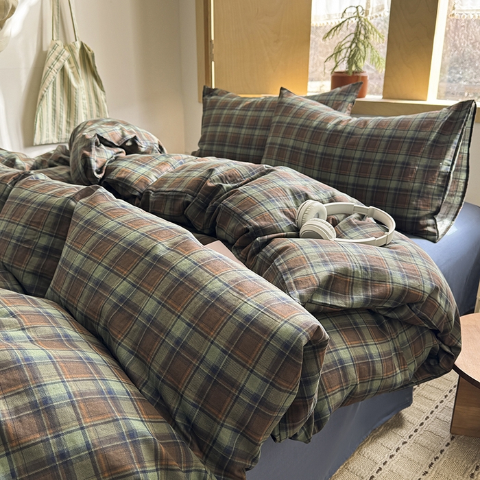 91家纺网 家纺一手货源 找家纺 爱思佳 2026新款全棉双层纱混搭格子系列四件套 慕斯-蓝