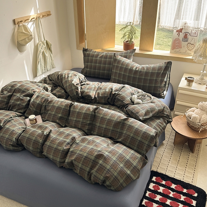 91家纺网 家纺一手货源 找家纺 爱思佳 2026新款全棉双层纱混搭格子系列四件套 慕斯-蓝