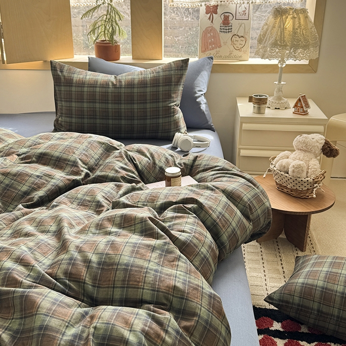 91家纺网 家纺一手货源 找家纺 爱思佳 2026新款全棉双层纱混搭格子系列四件套 慕斯-蓝