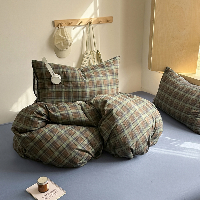 91家纺网 家纺一手货源 找家纺 爱思佳 2026新款全棉双层纱混搭格子系列四件套 慕斯-蓝