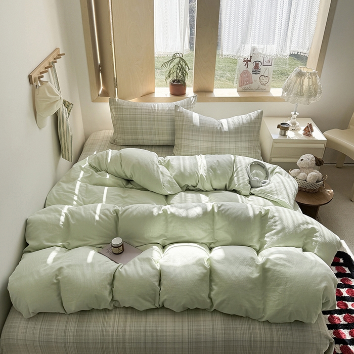 爱思佳 2026新款全棉双层纱混搭格子系列四件套 青柠-绿