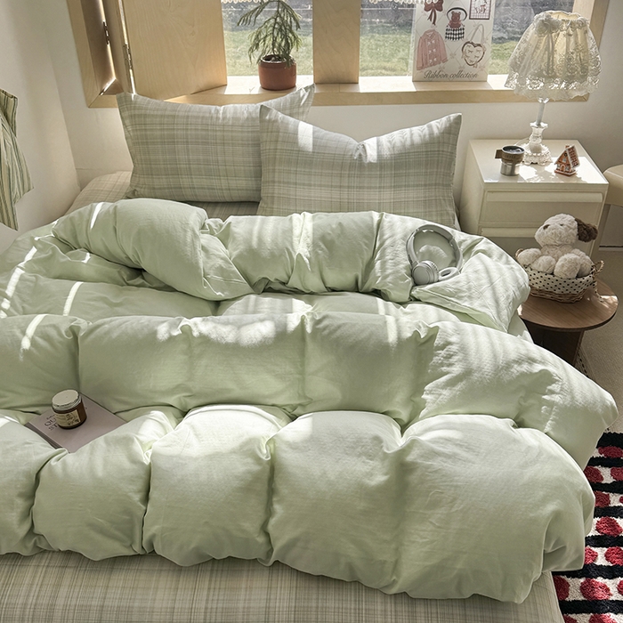 91家纺网 家纺一手货源 找家纺 爱思佳 2026新款全棉双层纱混搭格子系列四件套 青柠-绿