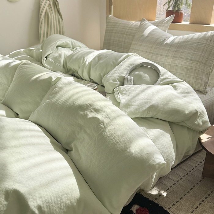 91家纺网 家纺一手货源 找家纺 爱思佳 2026新款全棉双层纱混搭格子系列四件套 青柠-绿